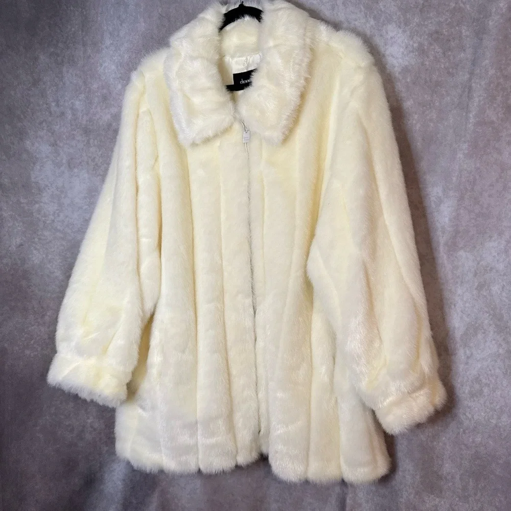 Vintage 80s Dennis Basso Faux Fur Jacket Womens 1X Cream Off-White Mob Wife Luxe - Picture 2 of 6
